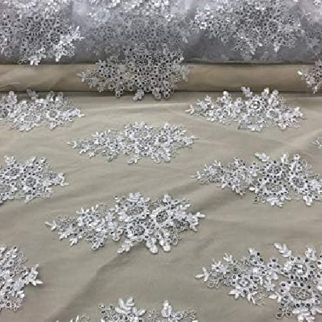 White Sequin Lace Fabric With Embroideries On Mesh - White Floral Embroidered Sequin Lace Fabric