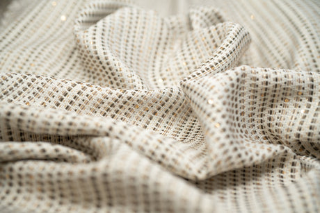 White And Gold Weave Metallic Brocade Fabric - White And Gold Weave, Metallic Jacquard Pattern (1 Yard)
