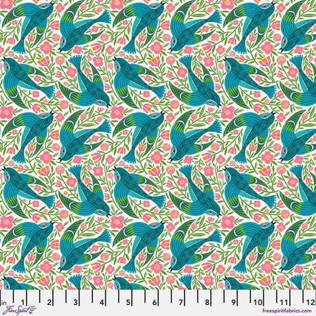 Cotton Bird Print Fabric White Blue 44/45" What the Birds Said