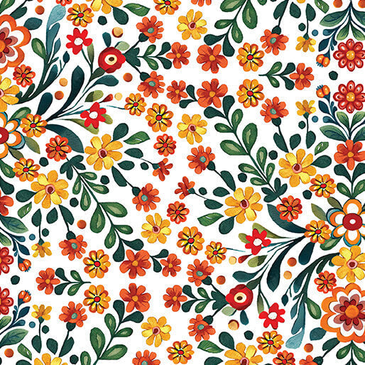 Cotton Print White Folklore Garden Fabric 44/45"