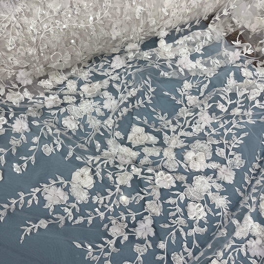 1 Yard Beaded 3D Floral Lace Fabric Embroidered 100 Percent Polyester Net Mesh 51 inch Width