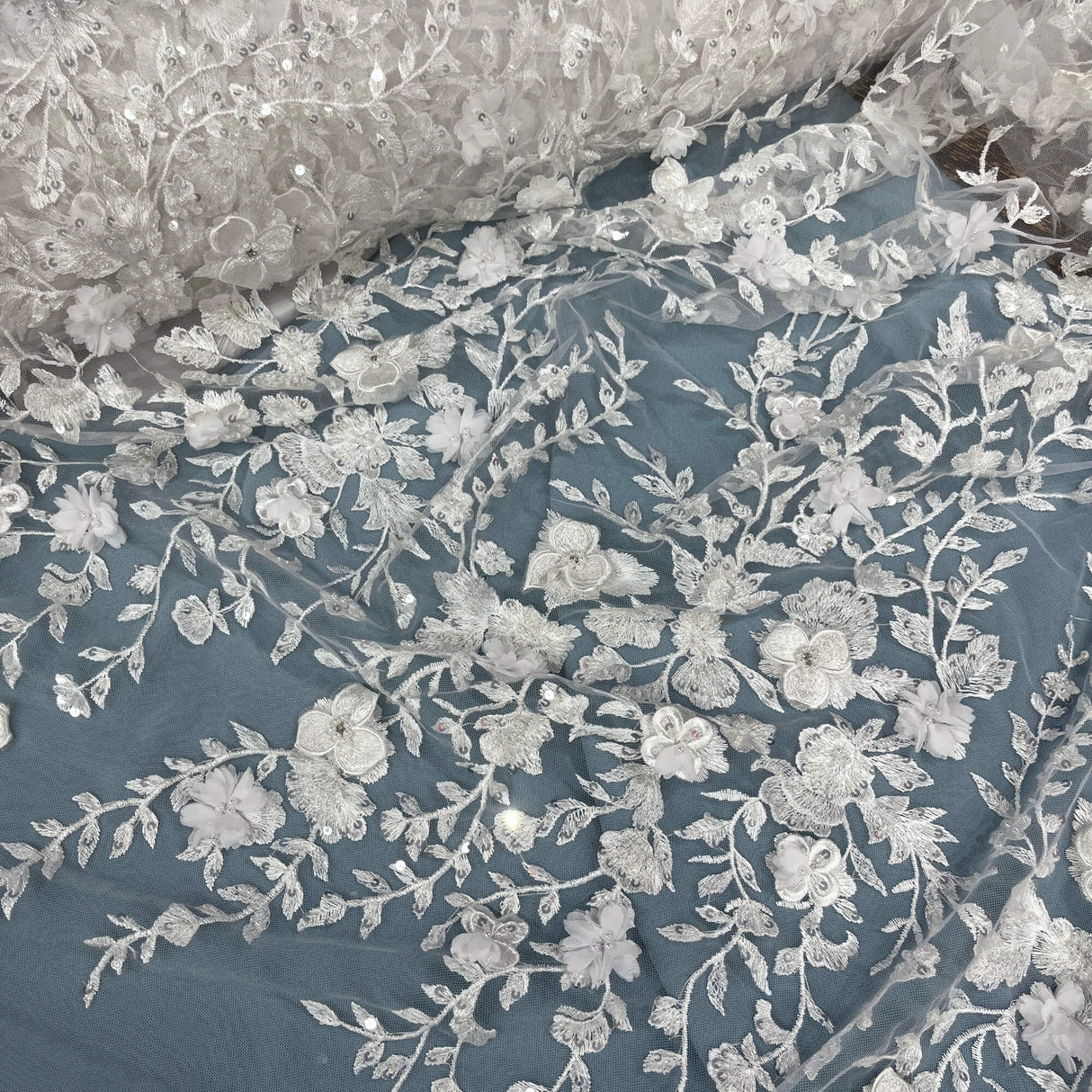 Beaded 3D Floral Lace Fabric Off White