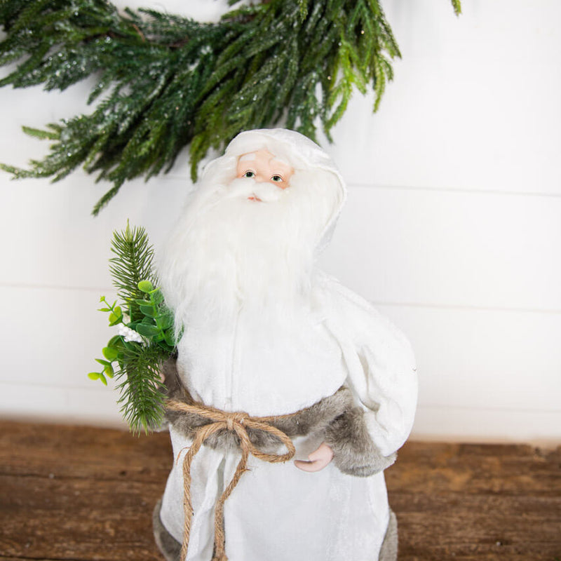 19” White Robe Santa Figure with Greenery Bundle