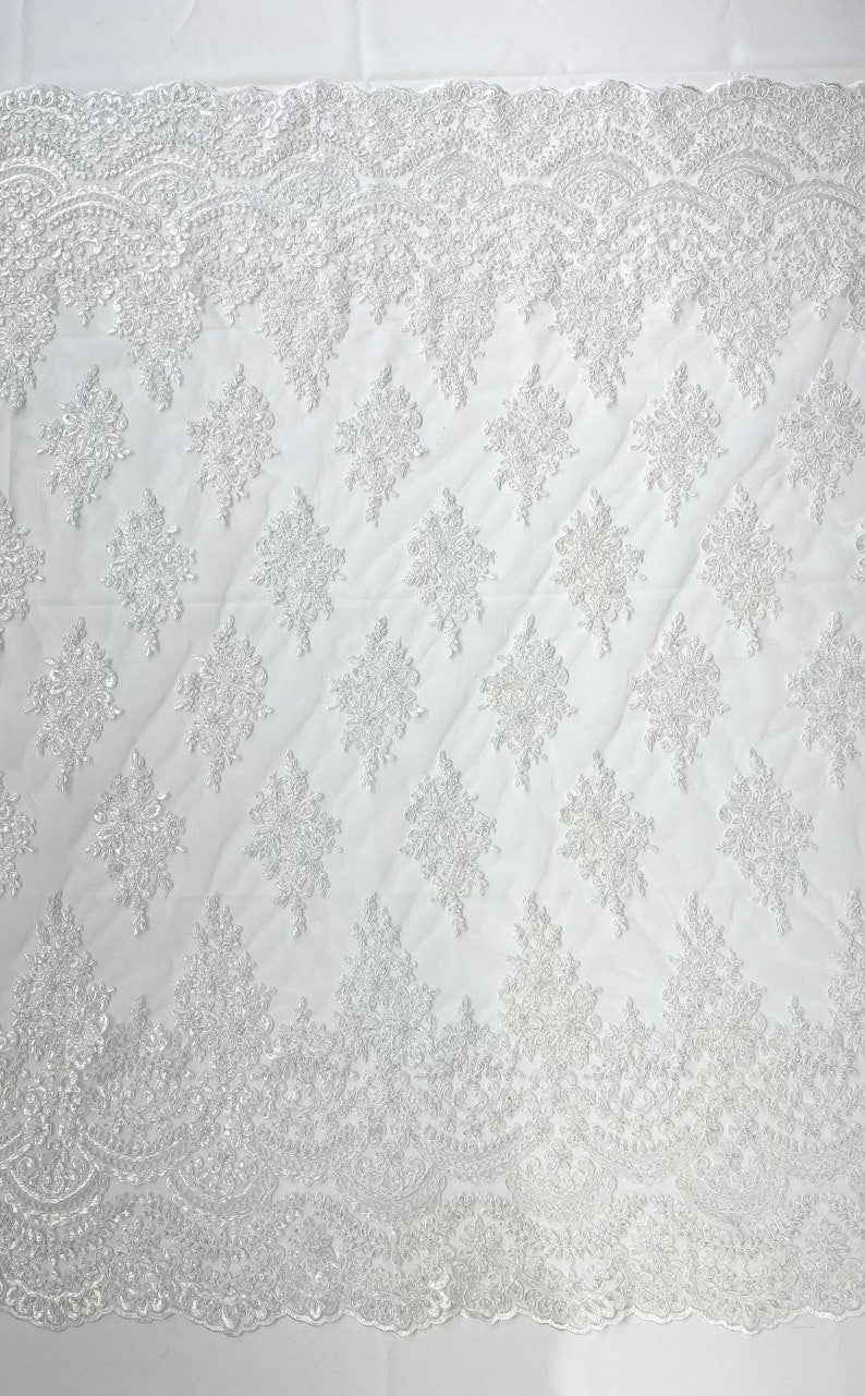 Erin Diamond Beaded Metallic Floral Embroidered Mesh Lace Fabric - Metallic Floral Beaded Embroidery, 50-54" Width (1 Yard)