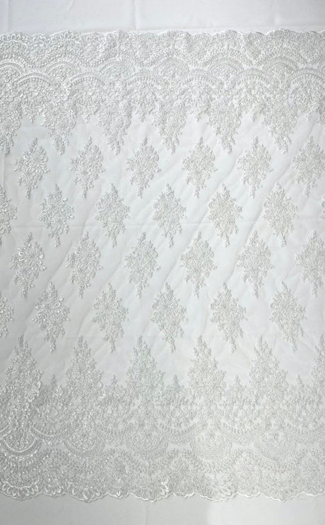 Erin Diamond Beaded Metallic Floral Embroidered Mesh Lace Fabric - Metallic Floral Beaded Embroidery, 50-54" Width (1 Yard)