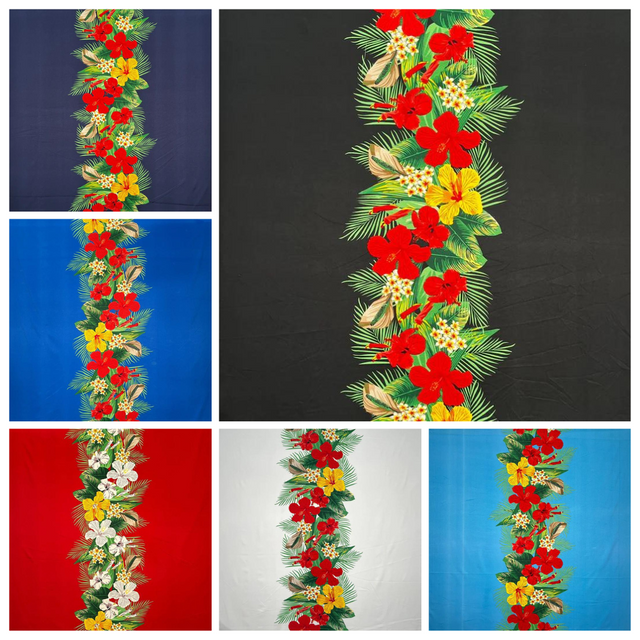 Tropical Flowers Middle Border Peachskin Fabric - Tropical Floral Border Print, 44" Width (1 Yard)