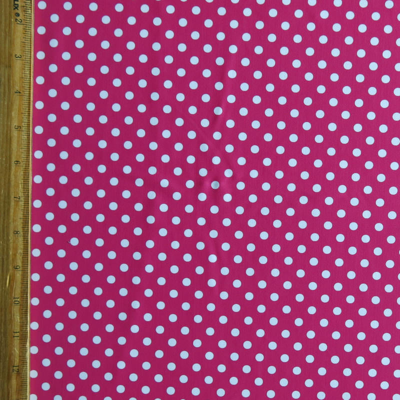 Poly Spandex Swimsuit Fabric White Eraser Polka Dots on Carmine Rose
