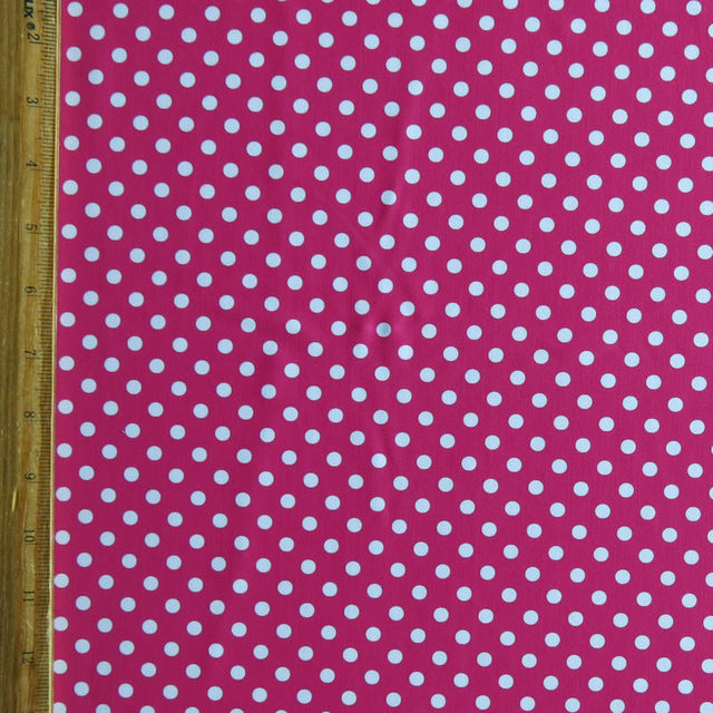 Poly Spandex Swimsuit Fabric White Eraser Polka Dots on Carmine Rose
