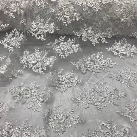 White Sequin Lace Fabric With Embroideries On Mesh - White Embroidered Sequin Mesh Fabric, 1 Yard
