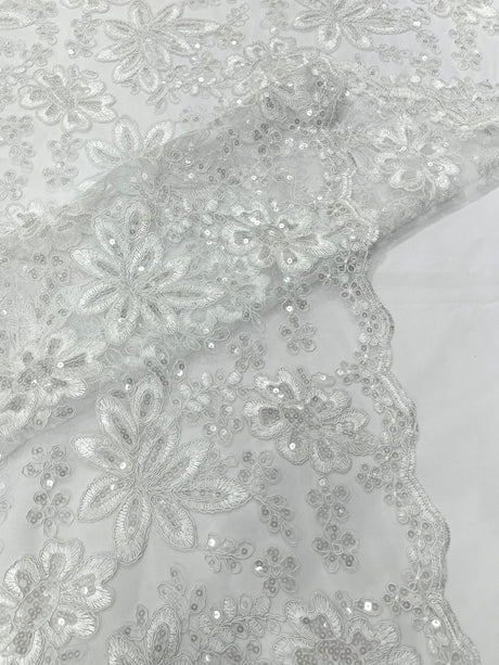 Metallic Floral Lace Design Embroidered Polyester Fabric - Floral Lace, 54" Width (1 Yard)