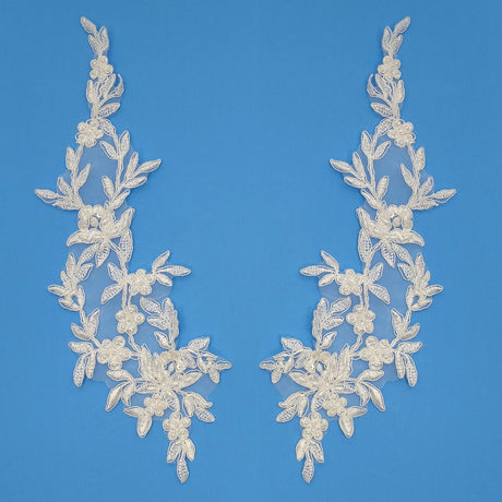 Beaded Corded Floral Lace Applique Embroidered On 100 Percent Polyester Organza Fabric - Floral Applique, 13" X 4" Each Side (1 Pair)