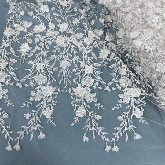 1 Yard Beaded 3D Floral Lace Fabric Rhinestone Embroidered 100 Percent Polyester Net Mesh 51 inch Width