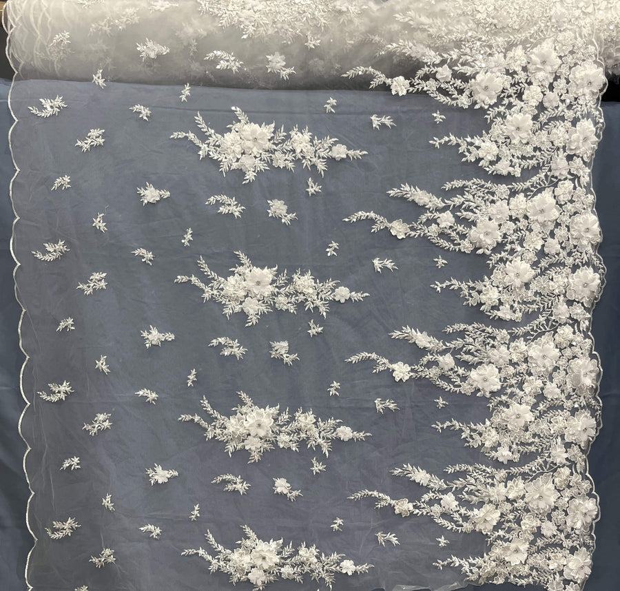 1 Yard Beaded 3D Floral Lace Fabric Embroidered on 100% Polyester Net Mesh | Lace USA - GD-2880 - Off White, White, Ivory, Blush, Champagne, Navy, Black, Red, and Silver