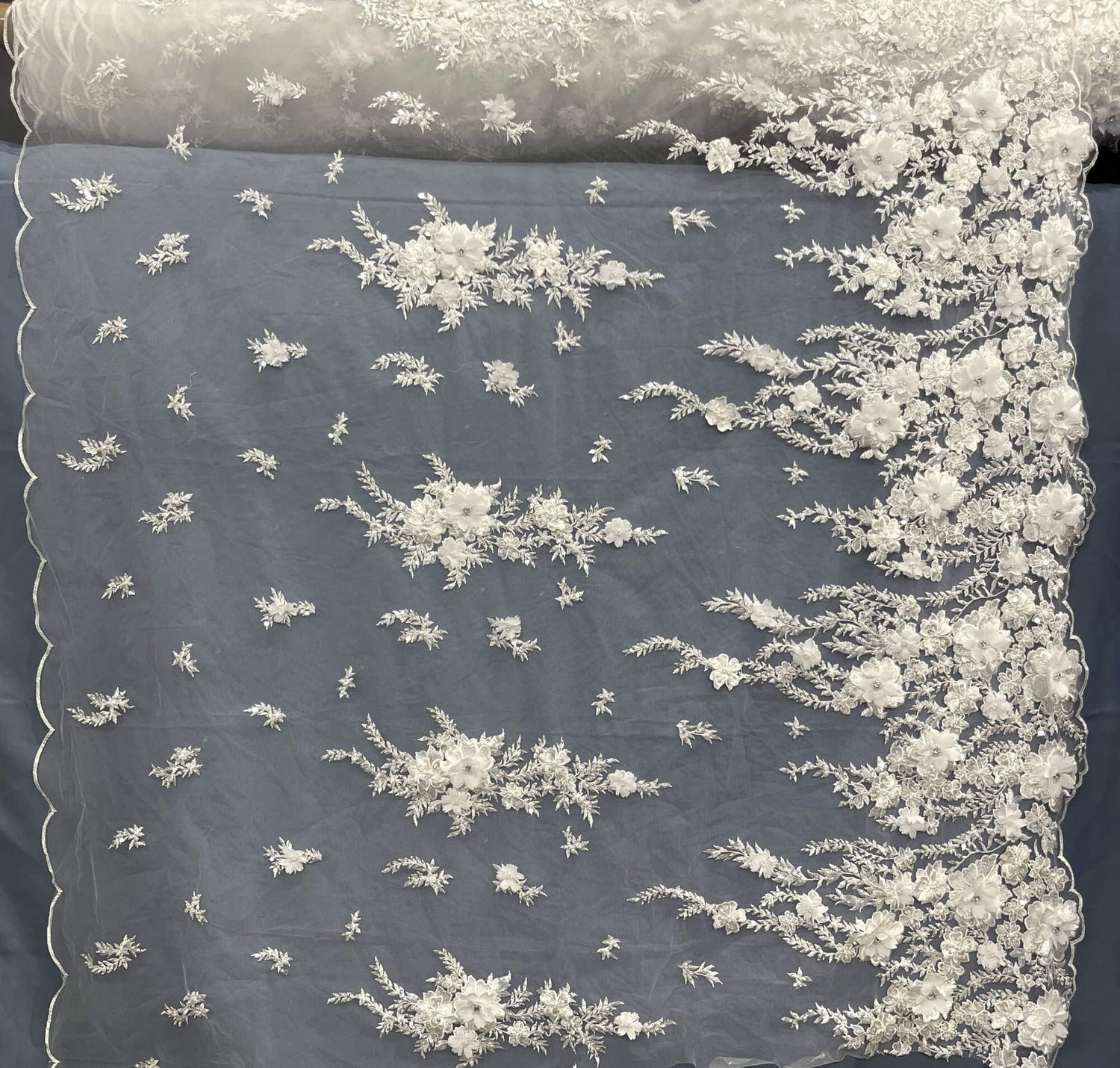 1 Yard Beaded 3D Floral Lace Fabric Embroidered 100 Percent Polyester Net Mesh 51 inch Width