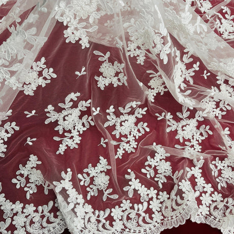 Beaded Corded Lace Fabric - Floral Design, Scalloped Edges, 52" Width (1 Yard)