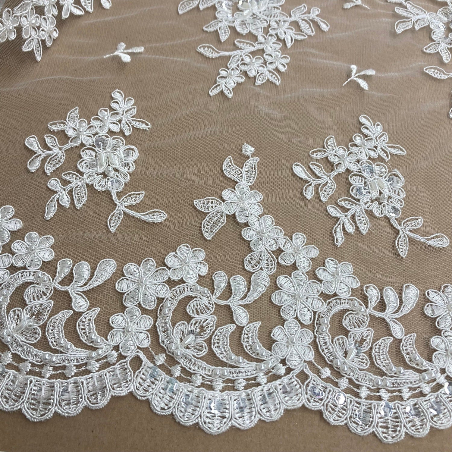 Beaded Corded Floral Lace Fabric 52" Scalloped Edges