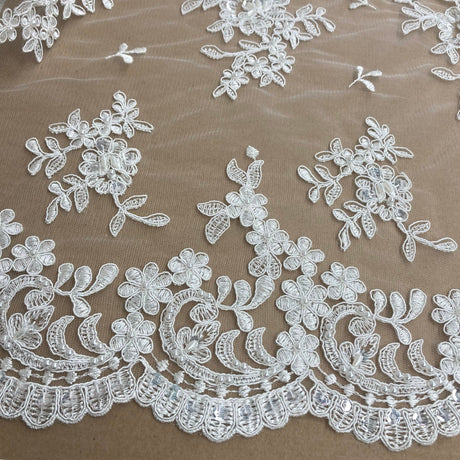 Beaded Corded Floral Lace Fabric 52" Scalloped Edges