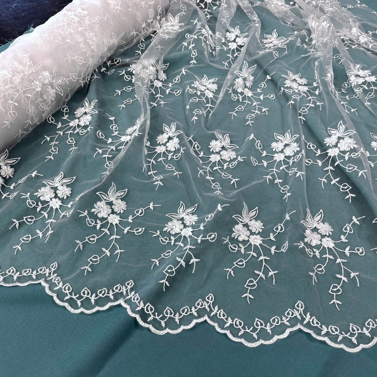 Floral Embroidered Lace Fabric White