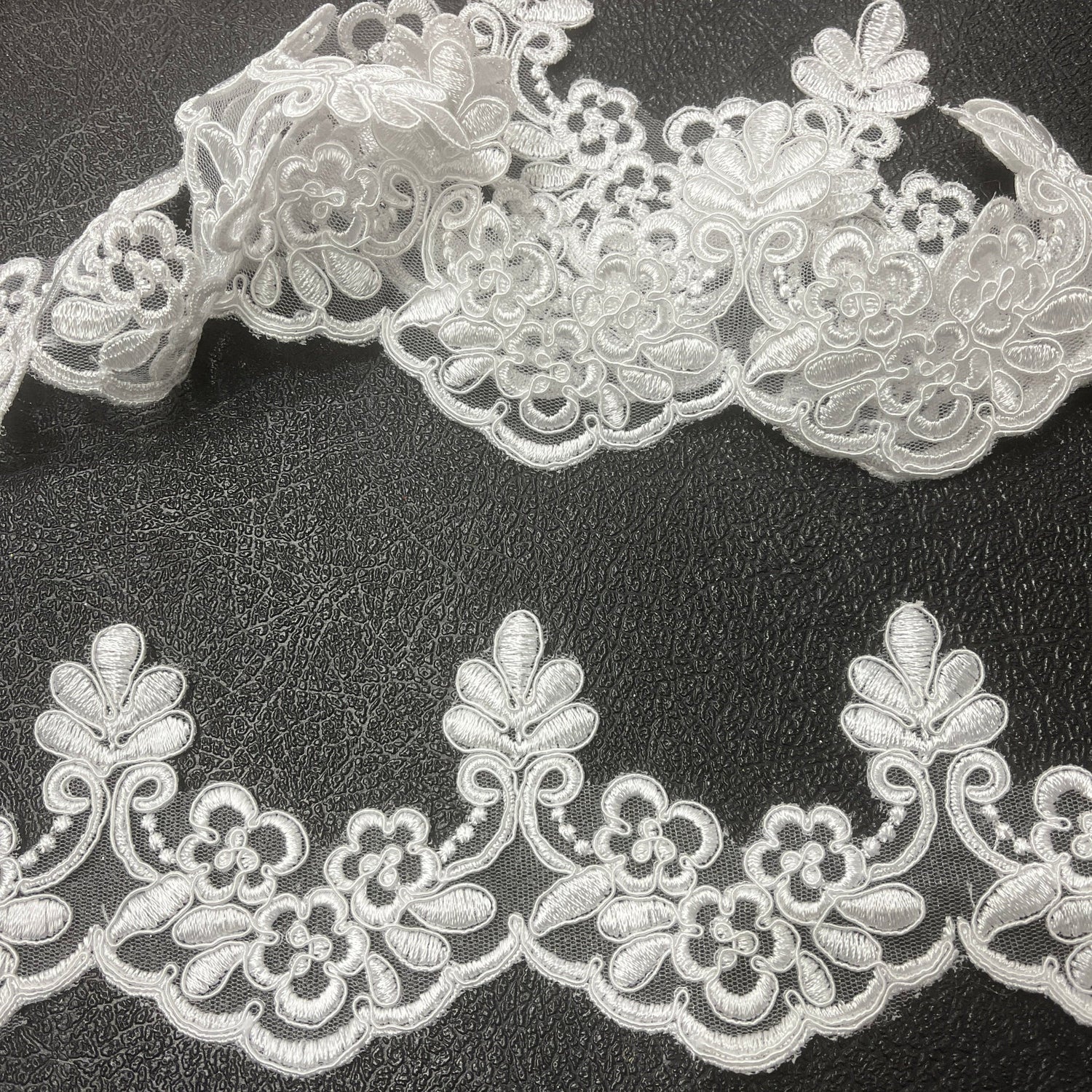 Floral Corded Lace Trim 100 Percent Polyester Fabric - Floral Embroidered Scalloped Edge, 3" Width (1 Yard)