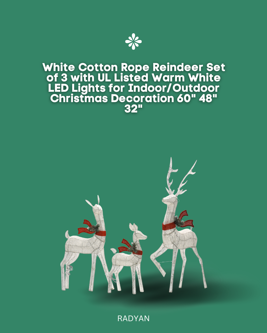 White Cotton Rope Reindeer Set of 3 with UL Listed Warm White LED Lights for Indoor/Outdoor Christmas Decoration 60" 48" 32"