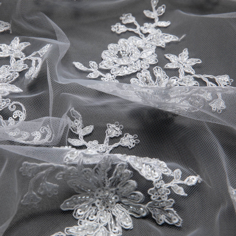 1 Yard Tulle Lace Fabric with Beautiful Floral Embroidery, 52" Wide