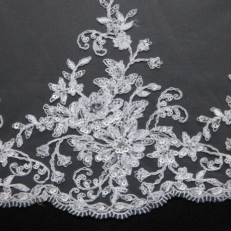1 Yard Tulle Lace Fabric with Beautiful Floral Embroidery, 52" Wide
