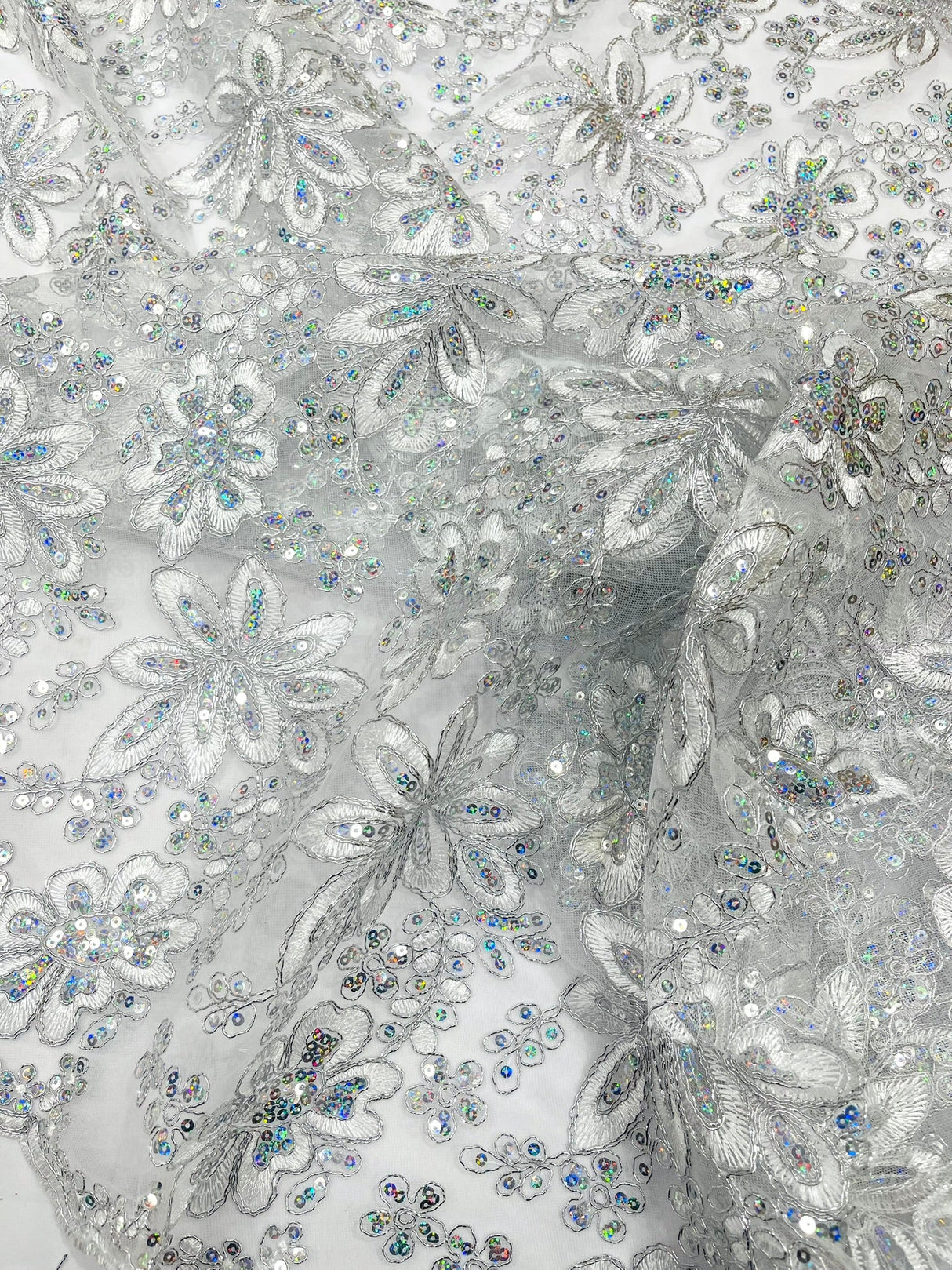 Metallic Floral Lace Design Embroidered Polyester Fabric - Floral Lace, 54" Width (1 Yard)