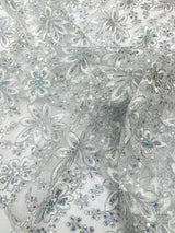 Metallic Floral Lace Design Embroidered Polyester Fabric - Floral Lace, 54" Width (1 Yard)