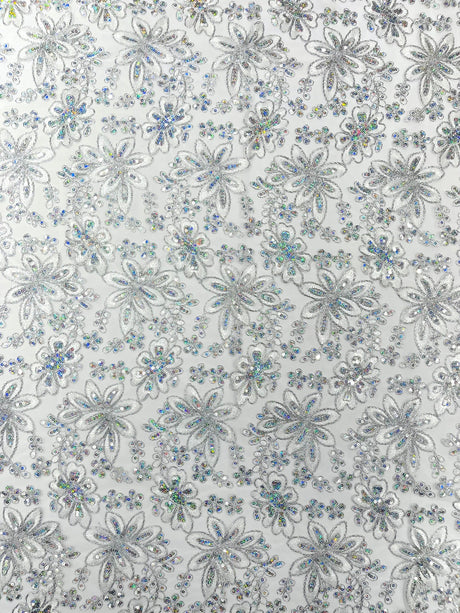Metallic Floral Lace Design Embroidered Polyester Fabric - Floral Lace, 54" Width (1 Yard)