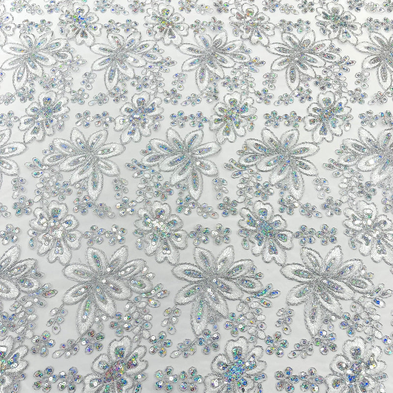 Metallic Floral Lace Design Embroidered Polyester Fabric - Floral Lace, 54" Width (1 Yard)