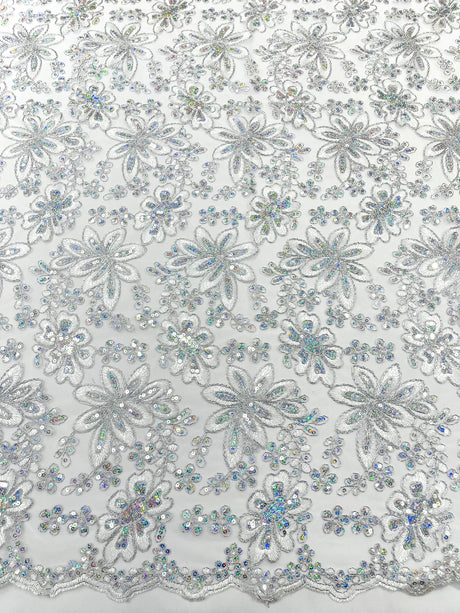 Metallic Floral Lace Design Embroidered Polyester Fabric - Floral Lace, 54" Width (1 Yard)