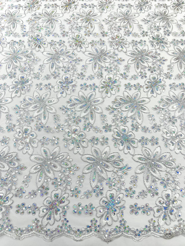 Metallic Floral Lace Design Embroidered Polyester Fabric - Floral Lace, 54" Width (1 Yard)