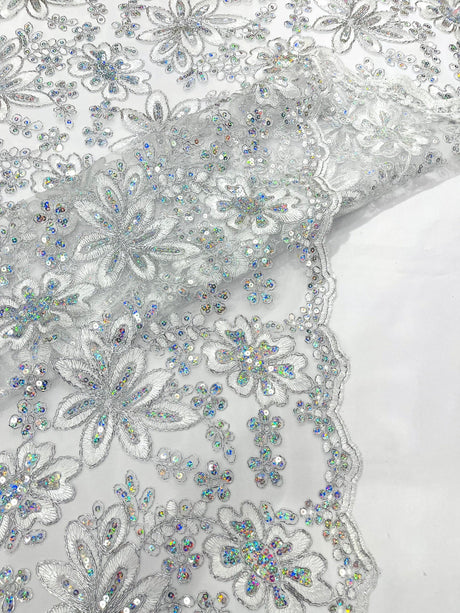 Metallic Floral Lace Design Embroidered Polyester Fabric - Floral Lace, 54" Width (1 Yard)
