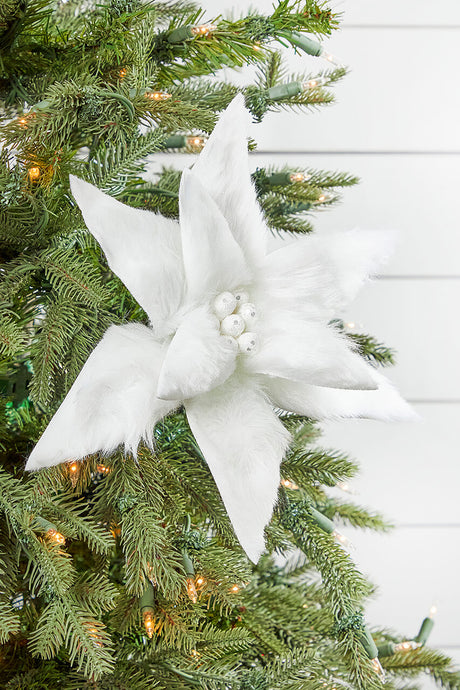 22" x 12" White Fur Jewel Poinsettia Stem