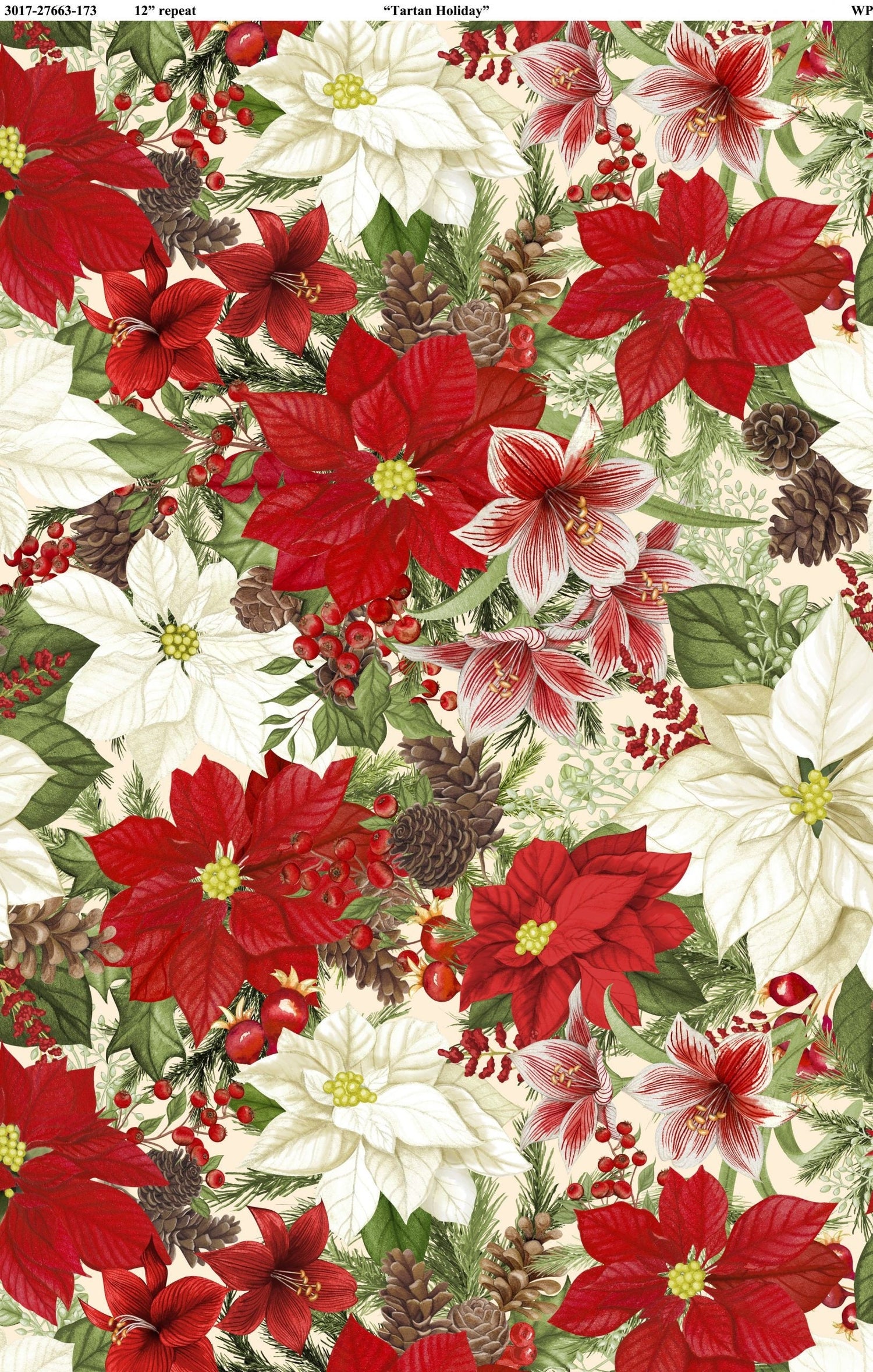 Quilting Cotton Tartan Holiday Poinsettias Cream Wilmington Prints