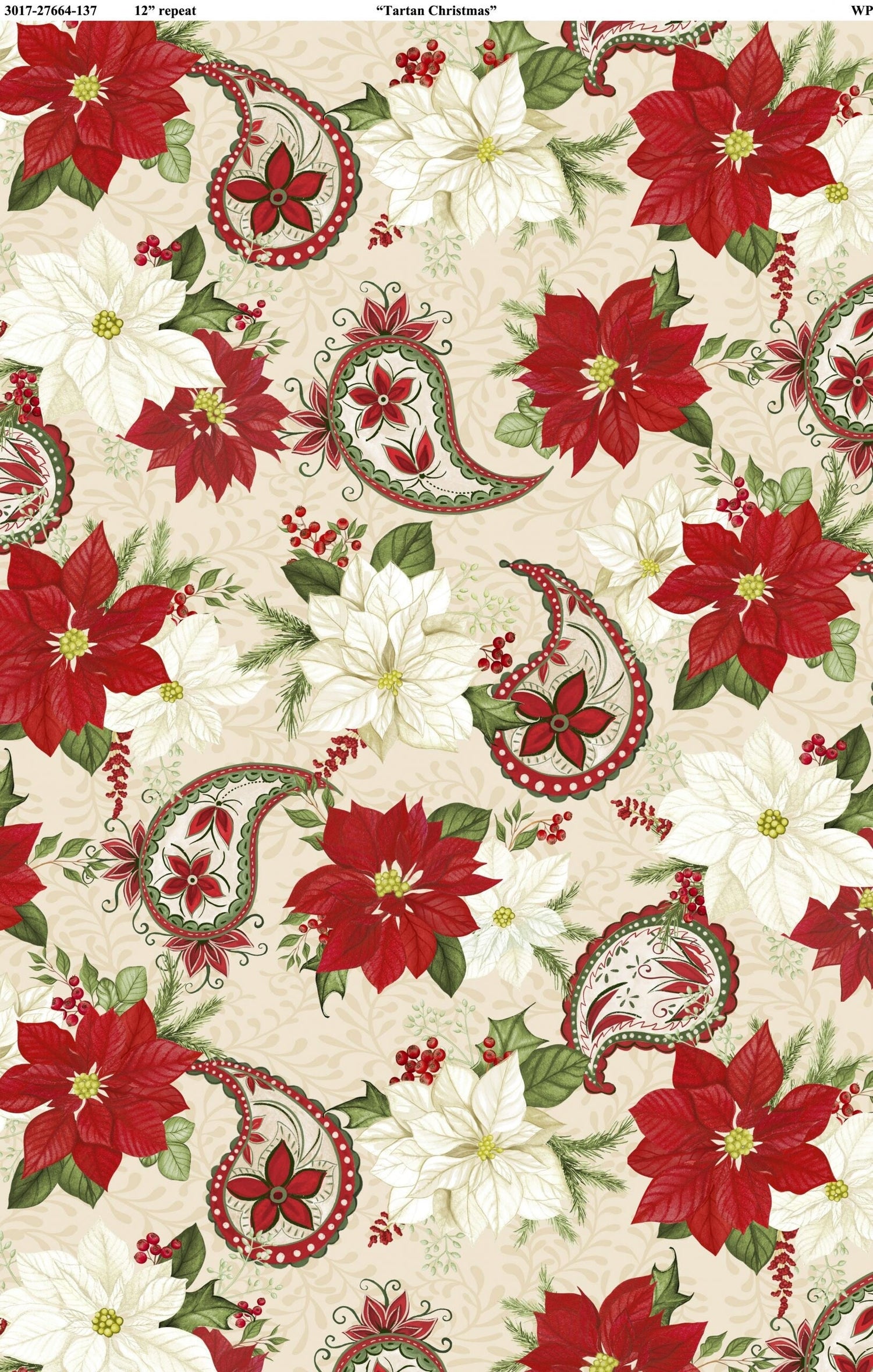 Quilting Cotton Tartan Holiday Paisleys and Florals Allover Cream Wilmington Prints