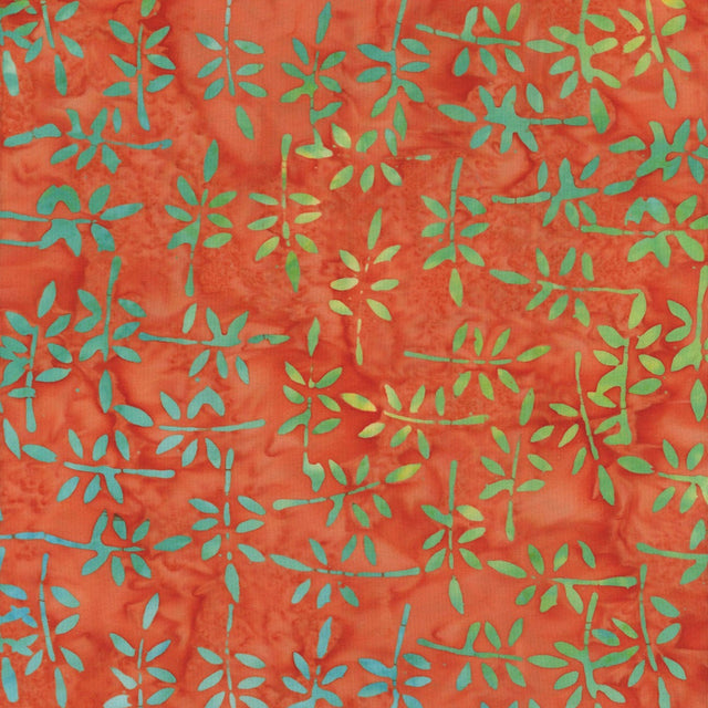 Batik Cotton Orange Blossom Coral Spaced Leaves Windham