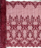 Beaded Lace Fabric - Embroidered 100 Percent Polyester Net Mesh, Floral Baroque Scalloped Edge, 52" Width (1 Yard)