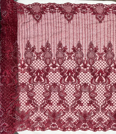 Beaded Lace Fabric - Embroidered 100 Percent Polyester Net Mesh, Floral Baroque Scalloped Edge, 52" Width (1 Yard)