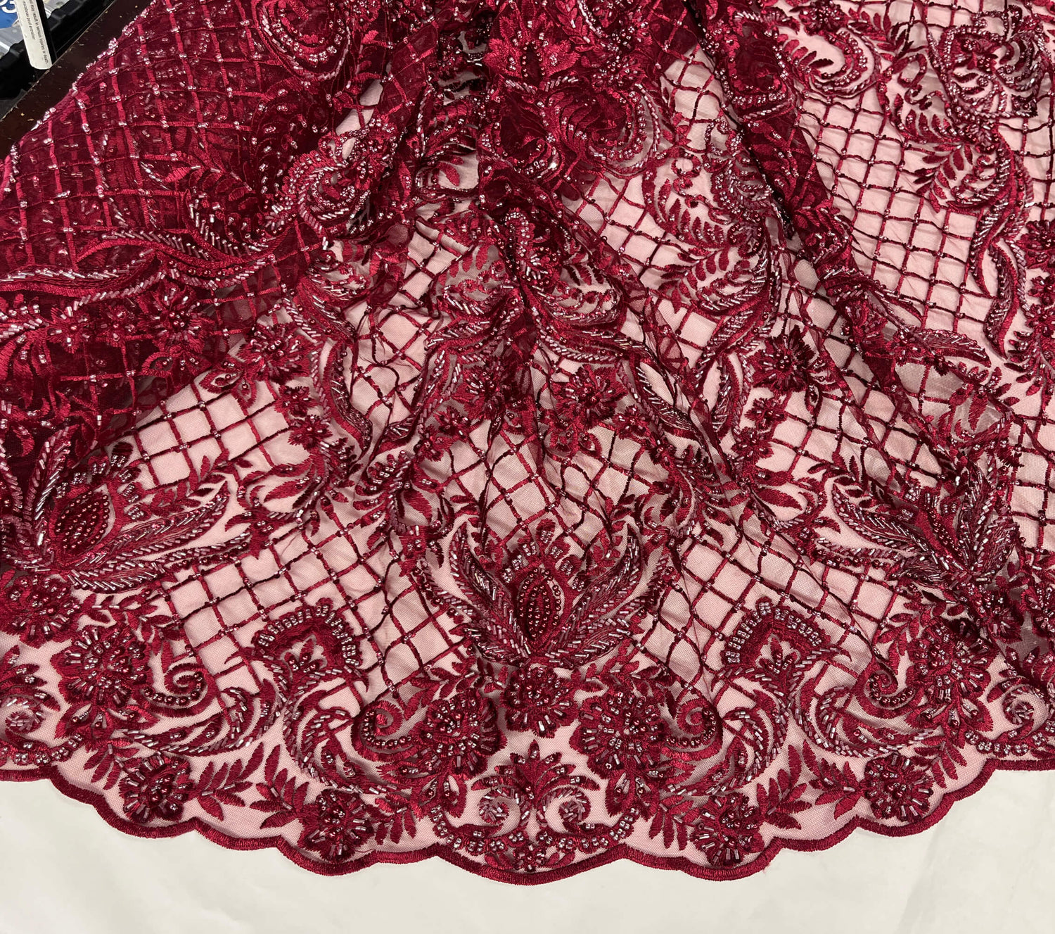 Beaded Lace Fabric on Polyester Net Mesh 52"