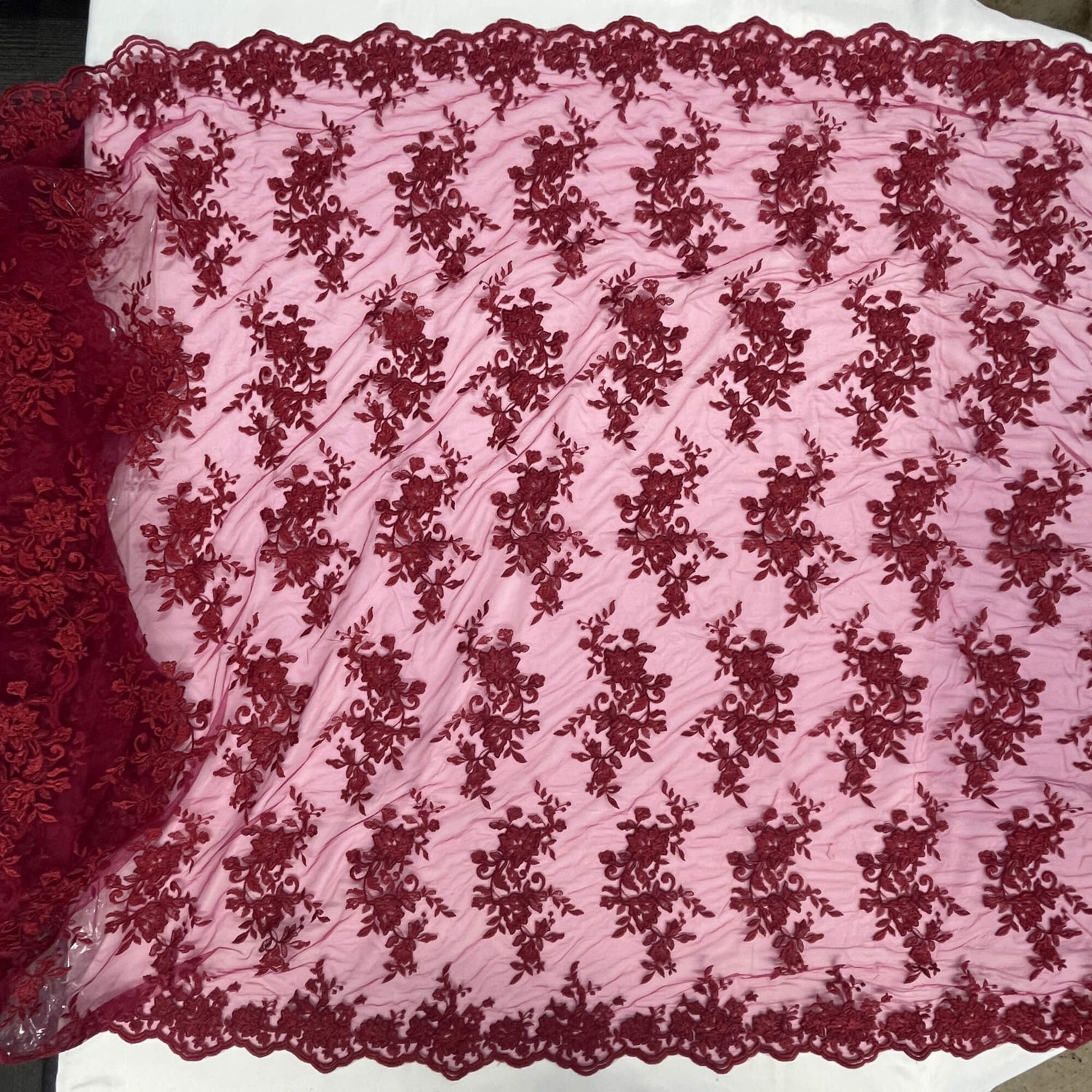 Corded Floral Lace Fabric - Scalloped Edges, 53" Width (1 Yard)