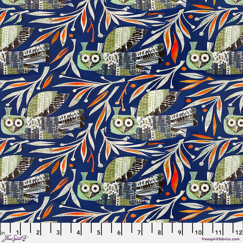 Cotton Print Winter Owl Dark Blue Fabric 44/45"