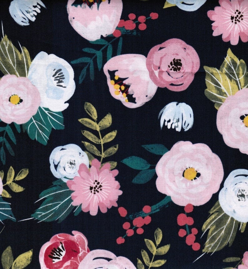 Quilting Cotton Wispy Rose and Mum on Navy Windham Fabrics