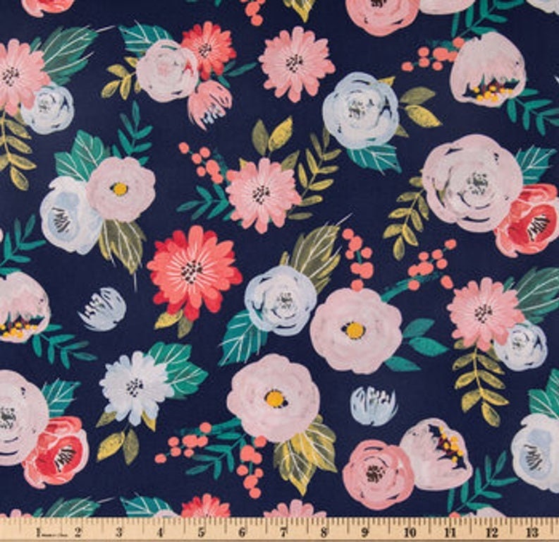 Quilting Cotton Wispy Rose and Mum on Navy Windham Fabrics