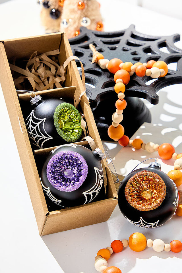 3" Glass Spooky Reflector Ornament Box - Set of 3