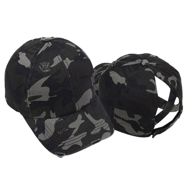 Criss-Cross Cap Cotton Fabric - Camouflage Grey, Criss-Cross Ponytail Slot, Adjustable Strap (1 Cap)