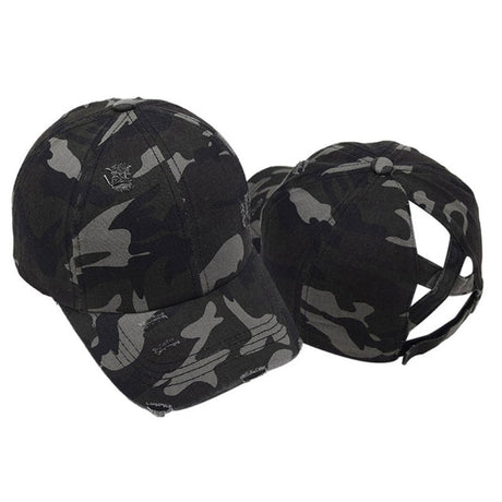 Criss-Cross Cap Cotton Fabric - Camouflage Grey, Criss-Cross Ponytail Slot, Adjustable Strap (1 Cap)