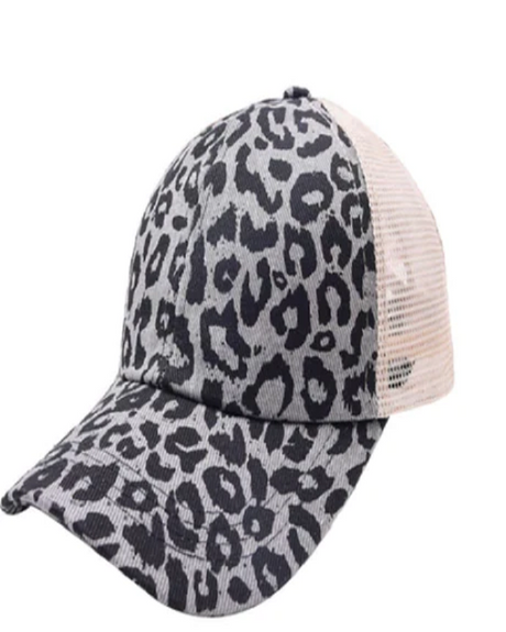 Criss-Cross Cap Polyester Fabric - Leopard Grey, Criss-Cross Ponytail Slot, Adjustable Strap (1 Cap)