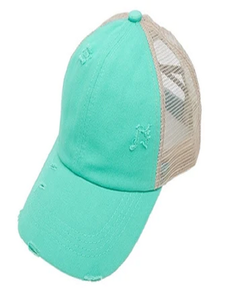 Criss-Cross Cap Fabric - Mint/Khaki, Criss-Cross Ponytail Slot, Adjustable Strap (1 Cap)