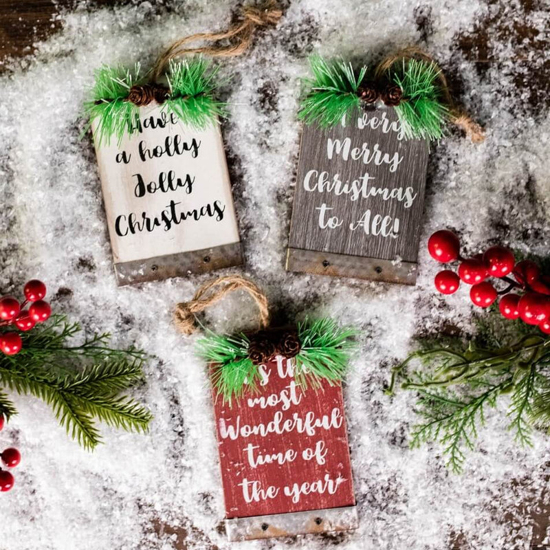 5” Wood Holiday Sign Ornament with Pinecone Accent